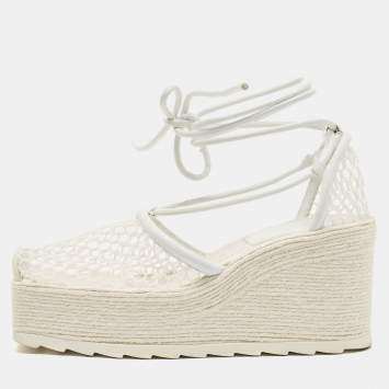 Pre Owned Bottega Veneta White Mesh and Leather Wedge Espadrilles Size 38