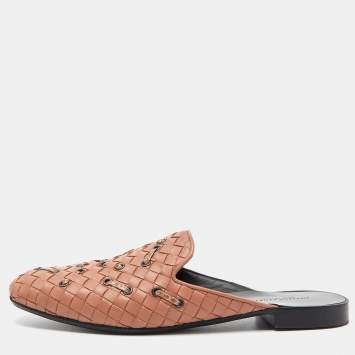 Pre Owned Bottega Veneta Pink Intrecciato Leather Fiandra Flat Mules Size 36.5