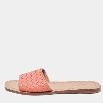 Pre Owned Bottega Veneta Pink Leather Intrecciato Flat Slides Size 37.5
