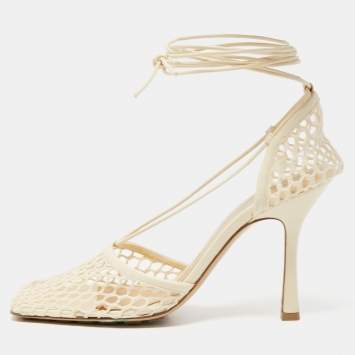 Pre Owned Bottega Veneta Cream Mesh and Leather Ankle Wrap Pumps Size 39.5 