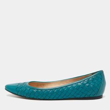 Pre Owned Bottega Veneta Green Intrecciato Leather Ballet Flats Size 37.5