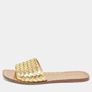 Pre Owned Bottega Veneta Gold Intrecciato Leather Flat Slides Size 40