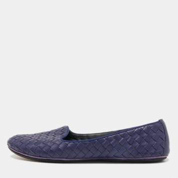 Pre Owned Bottega Veneta Navy Blue Intrecciato Leather Smoking Slippers Size 37