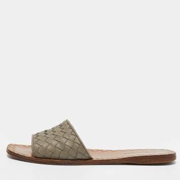 Pre Owned Bottega Veneta Grey Intrecciato Leather Flat Slides Size 35.5