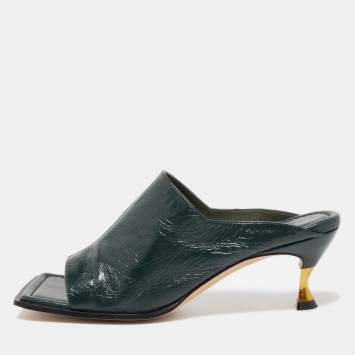 Pre Owned Bottega Veneta Green Leather Stretch Square Toe Kitten Heel Mules Size 36.5