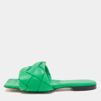 Pre Owned Bottega Veneta Green Quilted Leather Padded Flat Slides Size 39