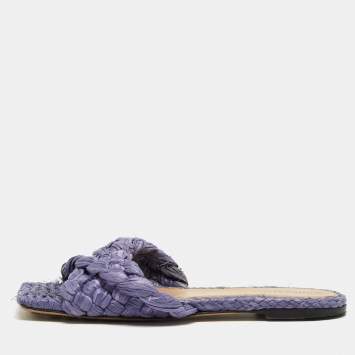 Pre Owned Bottega Veneta Lilac Woven Straw Lido Flat Slide Sandals Size 39