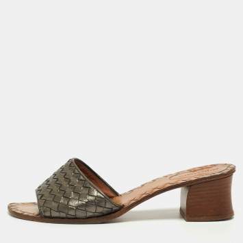 Pre Owned Bottega Veneta Metallic Green Intrecciato Leather Ravello Slides Size 40
