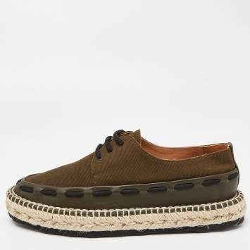 Pre Owned Bottega Veneta Green Canvas and Leather Trimmed Lace-Up Espadrilles Size 39