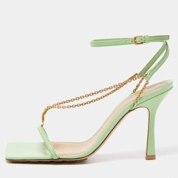 Pre Owned Bottega Veneta Green Leather Stretch Chain Sandals Size 37