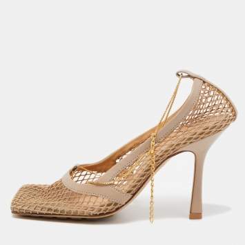 Pre Owned Bottega Veneta Beige Mesh and Leather Stretch Pumps Size 36.5