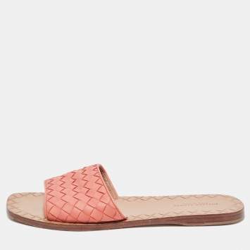 Pre Owned Bottega Veneta Pink Intrecciato Leather Flat Slides Size 36.5