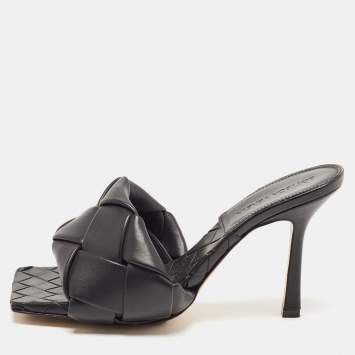 Pre Owned Bottega Veneta Black Intrecciato Leather Padded Slide Sandals Size 37.5
