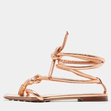 Pre Owned Bottega Veneta Metallic Leather Ankle Tie Flat Sandals Size 37