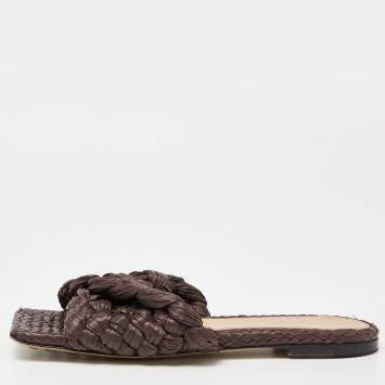 Pre Owned Bottega Veneta Brown Woven Straw Lido Flat Slide Sandals Size 38