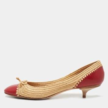Pre Owned Bottega Veneta Red/Beige Leather and Raffia Kitten Heel Pumps Size 40