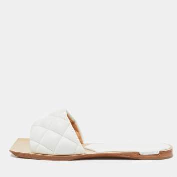 Pre Owned Bottega Veneta White Leather Lido Flat Slides Size 35.5