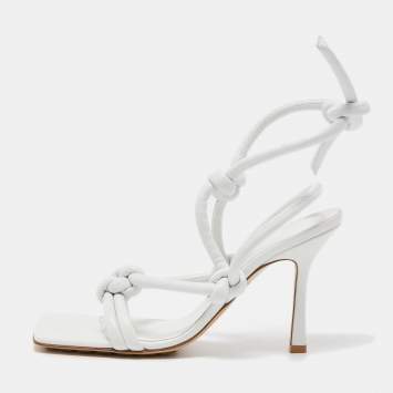 Pre Owned Bottega Veneta White Knotted Leather Slingback Ankle Strap Sandals Size 38.5