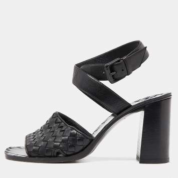 Pre Owned Bottega Veneta Black Intrecciato Leather Ankle Wrap Sandals Size 37