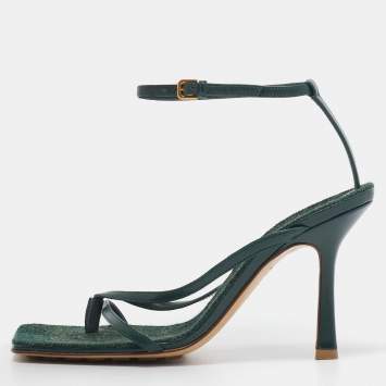 Pre Owned Bottega Veneta Green Leather Stretch Ankle Strap Sandals Size 36
