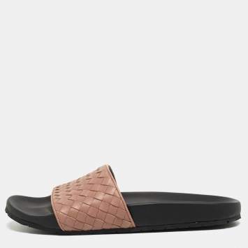 Pre Owned Bottega Veneta Brown Intrecciato Leather Flat Slides Size 38 