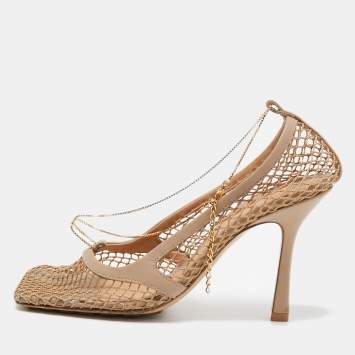 Pre Owned Bottega Veneta Beige Mesh and Leather Chain Stretch Pumps Size 38