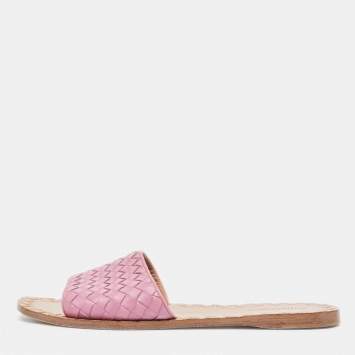 Pre Owned Bottega Veneta Purple Leather Intrecciato Flat Slides Size 39