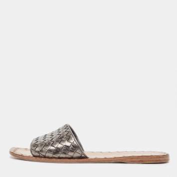 Pre Owned Bottega Veneta Metallic Leather Intrecciato Flat Slides Size 38.5