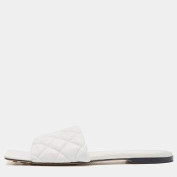 Pre Owned Bottega Veneta White Quilted Leather Flat Slides Size 40