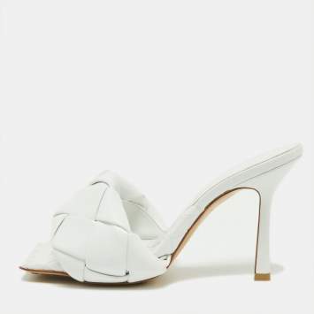 Pre Owned Bottega Veneta White Leather Intrecciato Lido Slide Sandals Size 37.5