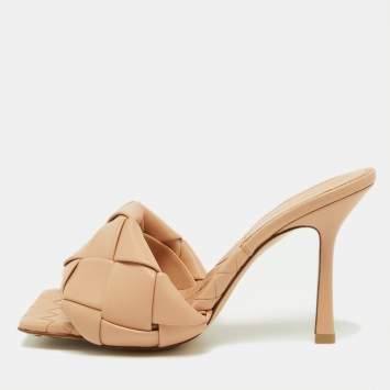 Pre Owned Bottega Veneta Beige Intrecciato Leather Lido Slides Size 37.5