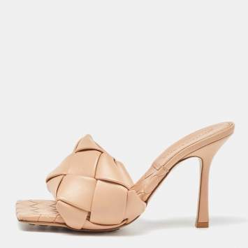 Pre Owned Bottega Veneta Beige Intrecciato Leather Square Toe Slide Sandals Size 36.5
