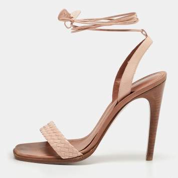 Pre Owned Bottega Veneta Light Pink Leather Ankle Tie Sandals Size 38.5