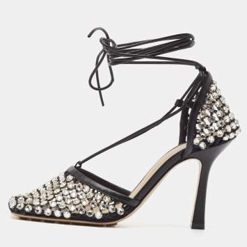 مملوكة مسبقًا Bottega Veneta Black Crystal Embellished Mesh Sparkle Stretch Ankle Tie Pumps Size 36