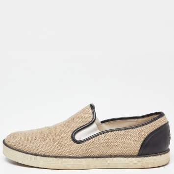 Pre Owned Bottega Veneta Beige/Black Jute and Leather Slip On Sneakers Size 39