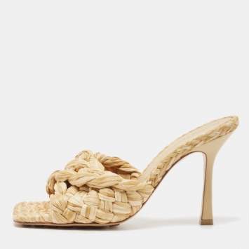 Pre Owned Bottega Veneta Beige Woven Raffia Lido Slide Sandals Size 37.5