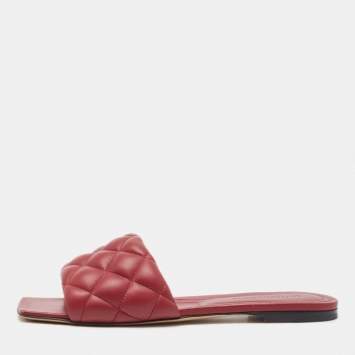 Pre Owned Bottega Veneta Red Intrecciato Leather Lido Slide Flats Size 39.5