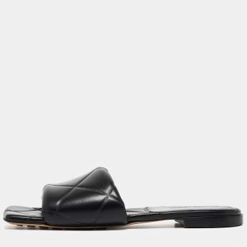 Pre Owned Bottega Veneta Black Intrecciato Leather Lido Slide Flats Size 40