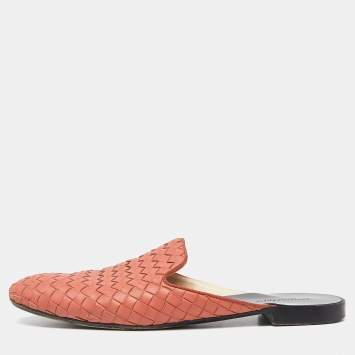 Pre Owned Bottega Veneta Orange Intrecciato Leather Flat Mules Size 39.5