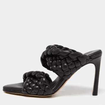 Pre Owned Bottega Veneta Black Intrecciato Leather Curve Slide Sandals Size 37