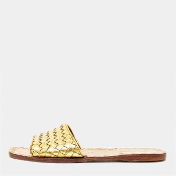 Pre Owned Bottega Veneta Metallic Gold Intrecciato Leather Flat Slides Size 37.5