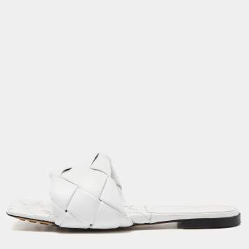 Pre Owned Bottega Veneta White Intrecciato Leather Lido Flat Slides Size 41.5