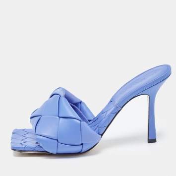 Pre Owned Bottega Veneta Blue Intrecciato Leather Lido Slide Sandals Size 39