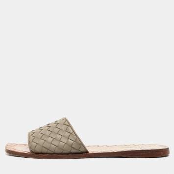 Pre Owned Bottega Veneta Grey Intrecciato Leather Flat Slides Size 37