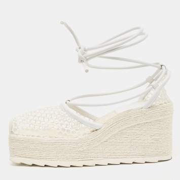 Pre Owned Bottega Veneta White Woven Mesh and Leather Espadrille Wedge Ankle Wrap Sandals Size 39