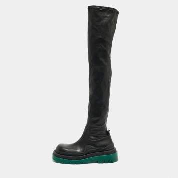 Pre Owned Bottega Veneta Black Leather Lug Sole Knee Length Boots Size 39