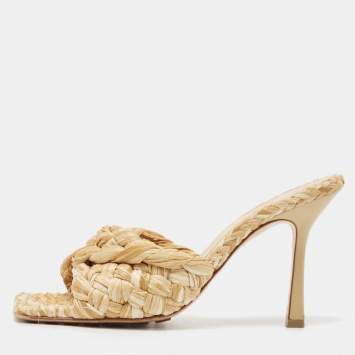 Pre Owned Bottega Veneta Beige Intrecciato Straw Lido Slide Sandals Size 39