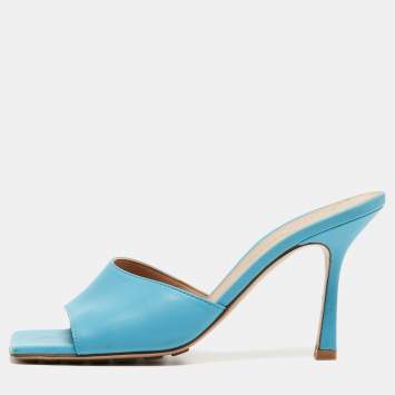 Pre Owned Bottega Veneta Blue Leather Stretch Open Toe Slide Sandals Size 37