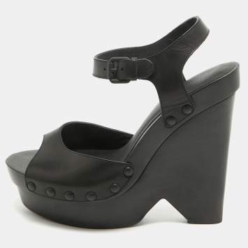 Pre Owned Bottega Veneta Black Leather Wedge Platform Ankle Strap Sandals Size 40