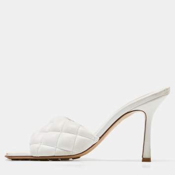 Pre Owned Bottega Veneta White Leather Lido Slides Size 38.5 